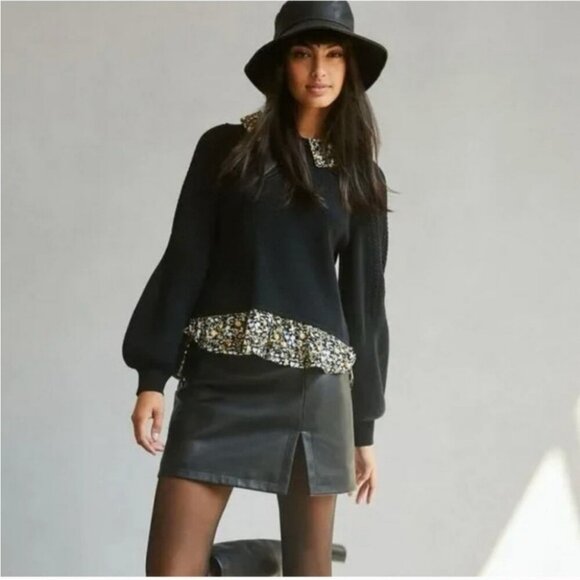 Anthropologie Maeve Layered Twofer Peplum Peter Pan Collar Black Sweater - Picture 2 of 9